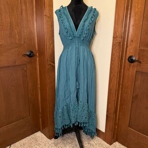 Cupshe‎ Teal Sleeveless Lace Trim Dress High/Low V-neck Boho